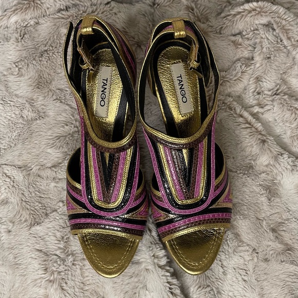 Gold Pink Tango High Heels | Strappy Metallic Open Toe Party Shoes for Dancing - Picture 2 of 6